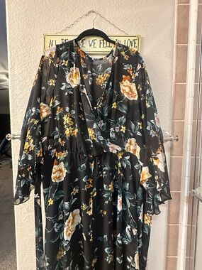 Black Floral Maxi Dress with Yellow Rose Accents